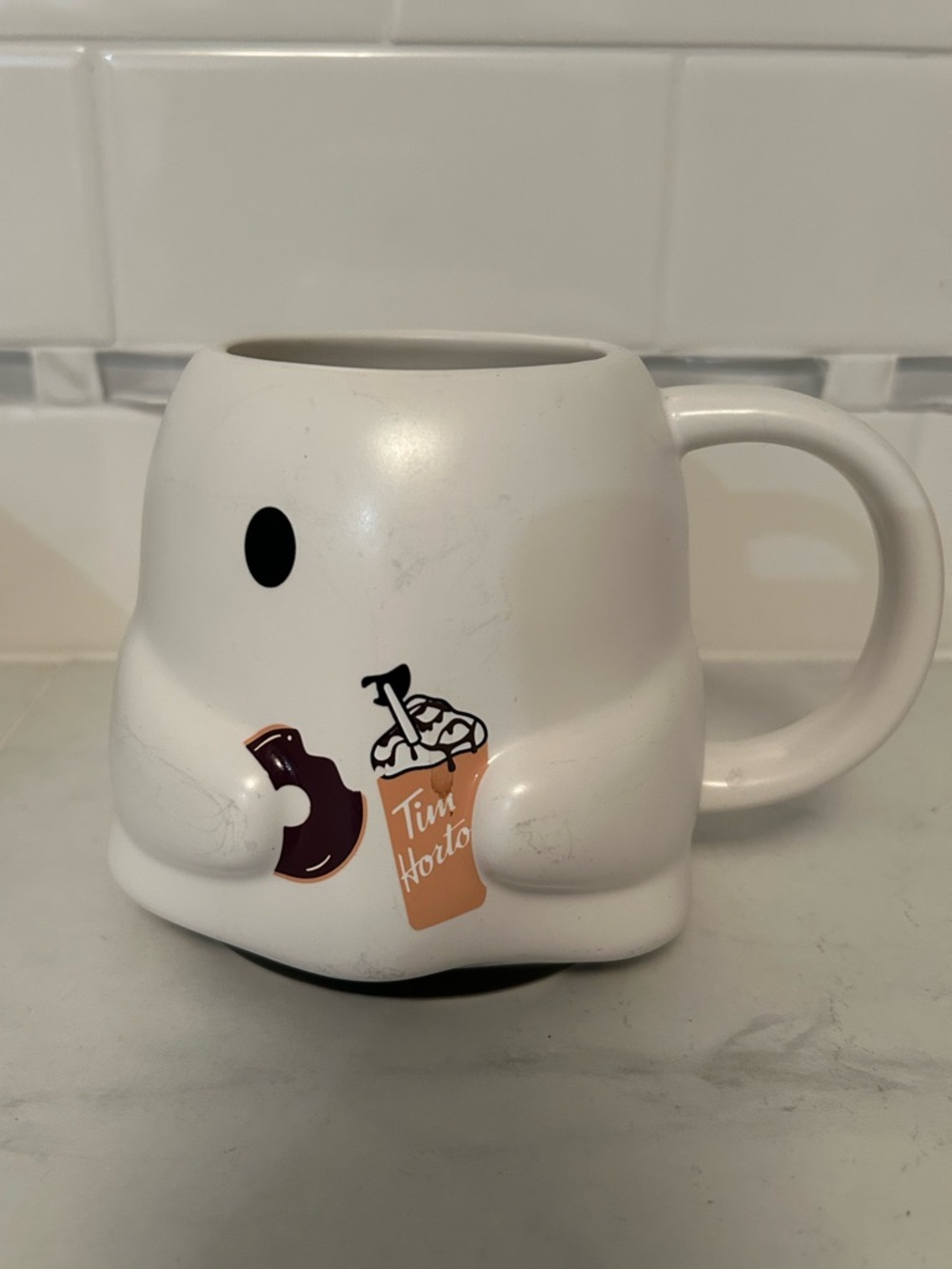 Tim Hortons White ghost Coffee Mug with Donut & Drink Graphic. Bats on back!